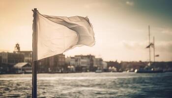 Old sailing ship sails towards city skyline at sunset generated by AI photo