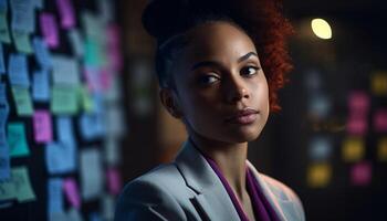 Confident young African American businesswoman standing indoors, looking at camera with expertise generated by AI photo