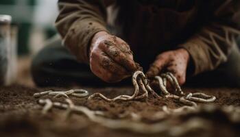 One skilled man prepares handmade leather shoes with concentration generated by AI photo