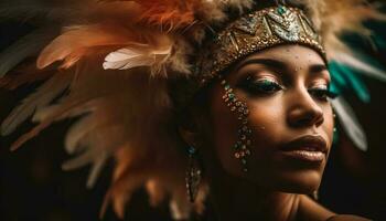 africano belleza adornado con pluma tocado exuda elegancia y sensualidad generado por ai foto