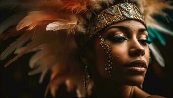 African beauty adorned with feather headdress exudes elegance and sensuality generated by AI photo