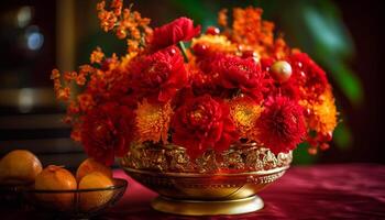 A rustic flower arrangement in a multi colored fruit bowl generated by AI photo