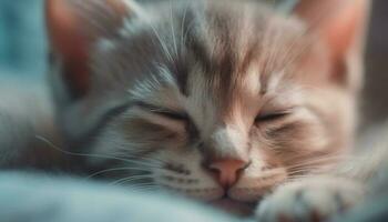 encantador gatito descansando al aire libre, curioso con juguetón azul ojos generado por ai foto