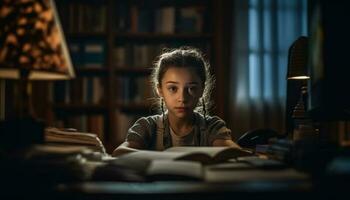 el linda Chica de escuela es estudiando literatura en el biblioteca generado por ai foto