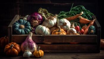 otoño cosecha un rústico mesa de orgánico vegetales y frutas generado por ai foto