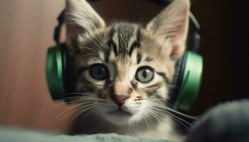 linda gatito escuchando a música con a rayas auriculares, juguetón naturaleza generado por ai foto