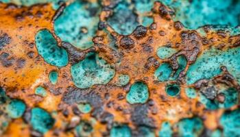 Rusty metal plate with abstract stained gemstone pattern and drops generated by AI photo