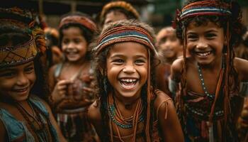un grupo de alegre niños en tradicional ropa jugando al aire libre generado por ai foto
