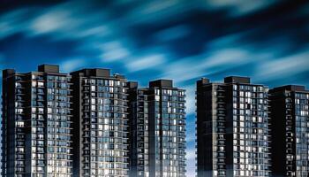 Futuristic skyscraper silhouette in a row, reflecting city life outdoors generated by AI photo