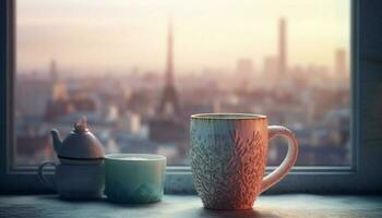 Hot coffee in a mug on a wooden window sill generated by AI photo