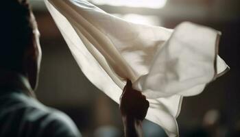 un joven mujer mano participación un textil en sereno naturaleza generado por ai foto