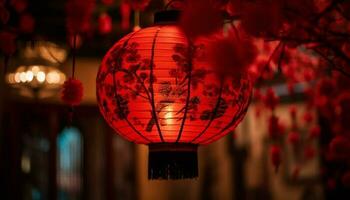 Traditional Chinese lanterns illuminate the winter night in Chinatown celebration generated by AI photo