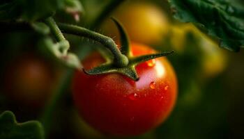 Juicy unripe tomato on wet leaf, perfect for vegetarian salad generated by AI photo