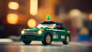 A small toy car illuminated in green, blurred motion fun generated by AI photo