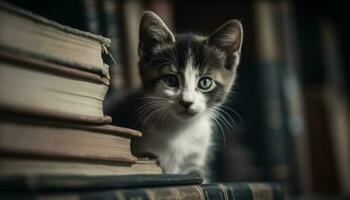 linda gatito descansando en estante para libros, curioso a cámara con curiosidad generado por ai foto