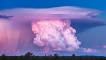 The vibrant sunset sky over the mountain is a fantasy generated by AI photo