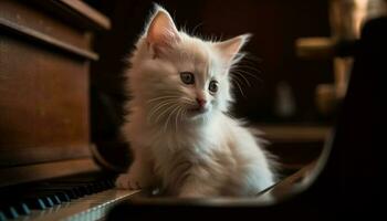 Fluffy kitten playing, staring with curiosity, purebred charm indoors generated by AI photo