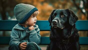 pequeño niña sentado con linda perro generativo ai foto