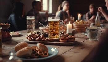 amigos disfrutar pub comida y cerveza a rústico mesa adentro generativo ai foto