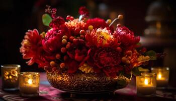 un romántico alumbrado por velas mesa con un Fresco flor ramo de flores habitación central generado por ai foto