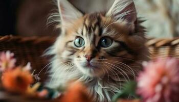 Fluffy kitten sitting in basket, curious eyes focused on flower generative AI photo