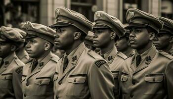 un fila de uniforme hombres marzo en honor Guardia desfile generativo ai foto
