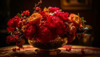 A rustic bouquet of multi colored peonies brings elegance indoors generated by AI photo