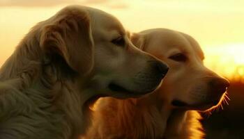 Golden retriever puppy plays with Labrador in cheerful summer sunset generated by AI photo