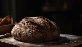 Freshly baked rustic bread on wooden table, perfect for healthy eating generated by AI photo