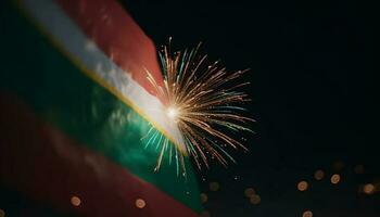 Vibrant firework display illuminates star shaped American flag backdrop at celebration generated by AI photo