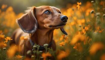 miniatura perro tejonero jugando en el prado, disfrutando naturaleza belleza generativo ai foto