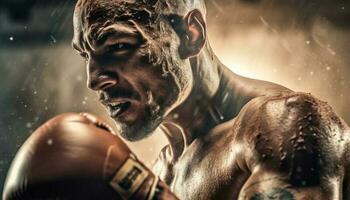 uno determinado hombre, transpiración, puñetazos con fuerza en boxeo anillo generado por ai foto