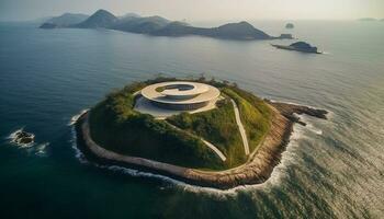 Drone captures panoramic seascape of famous cliff and mountain landscape generated by AI photo