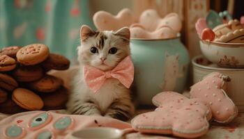 un juguetón gatito se sienta en un mesa, mirando un Galleta generado por ai foto