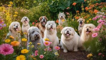 A fluffy purebred retriever sits in a row of yellow flowers generated by AI photo