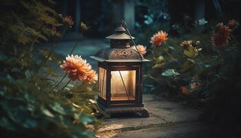 Antique lantern illuminates rustic table with ornate candle decoration generated by AI photo