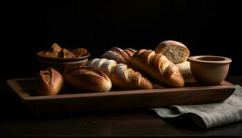 A rustic basket of freshly baked breads, perfect for snacking generated by AI photo