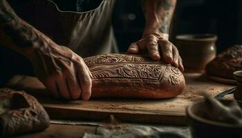 Men hands craft homemade bread, using rustic equipment and flour generated by AI photo