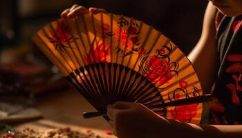 un experto músico sostiene un plegable admirador, jugando tradicional música generativo ai foto