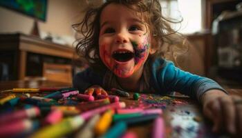 linda niñito niña sonriente, cubierto en pintar, disfrutando creativo actividad generado por ai foto