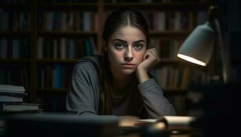 un joven adulto estudiando adentro, rodeado por libros y tecnología generado por ai foto