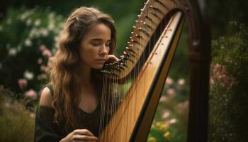 uno joven mujer, un músico, jugando un cuerda instrumento al aire libre generado por ai foto