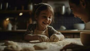 linda caucásico niña y padre unión terminado hecho en casa dulce galletas generado por ai foto