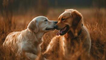 A cute, playful puppy and golden retriever enjoy nature beauty generated by AI photo