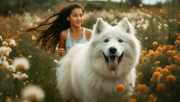A playful Samoyed enjoys a beautiful spring day in nature generated by AI photo