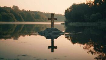 Silent reflection on the cross brings peace in nature beauty generated by AI photo