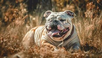 linda buldog perrito disfruta juguetón al aire libre prado caminar, lengua fuera generado por ai foto