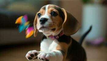 A cheerful bulldog puppy playing with a toy indoors generated by AI photo