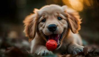 A cute puppy playing with a ball in the grass generated by AI photo