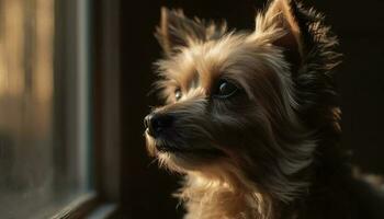 linda Yorkshire terrier perrito sentado al aire libre, mirando a cámara en broma generado por ai foto